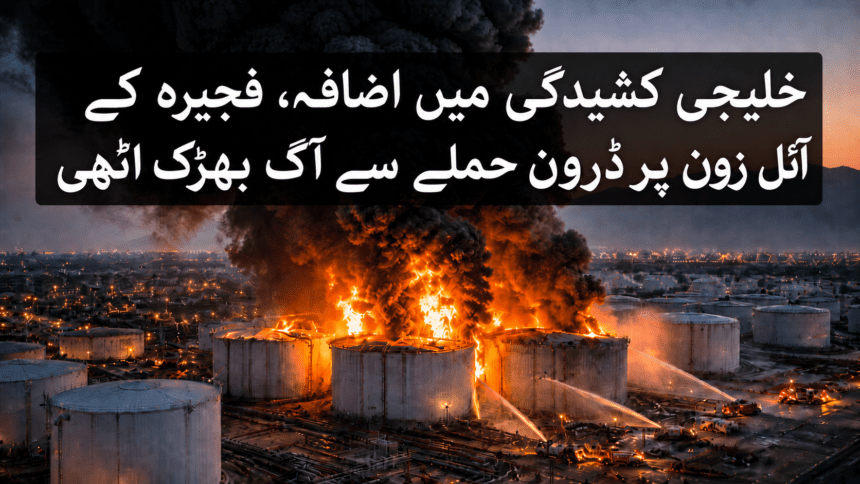 خلیجی کشیدگی میں اضافہ، فجیرہ کے آئل زون پر ڈرون حملے سے آگ بھڑک اٹھی