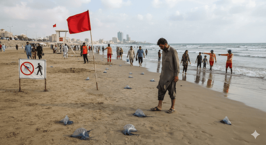 کراچی کے ساحلوں پر نیلی جیلی فش کا حملہ، تیراکوں کو محتاط رہنے کی ہدایت