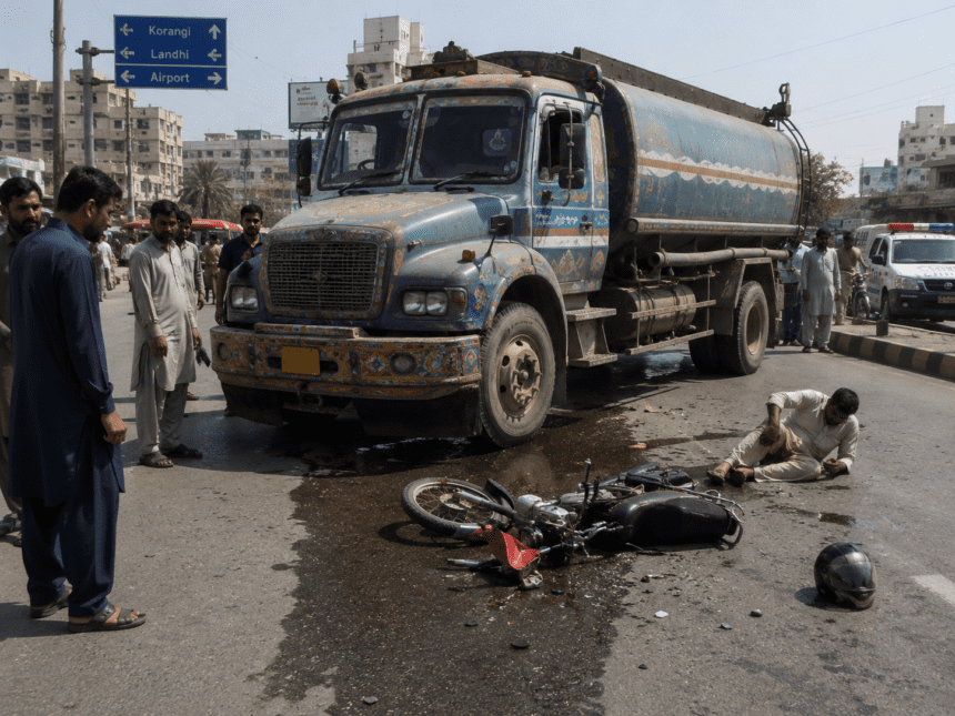 Water Tanker Hits Motorcyclist, Leaving Him Injured in Karachi