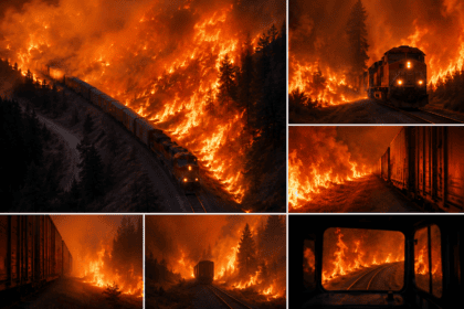 Freight train barrels through wall of fire in British Columbia