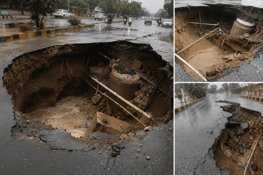 Lahore’s Rs. 2 Billion Khayaban-e-Firdousi Road Caves In After First Rain