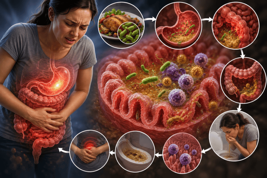 Food poisoning can begin suddenly. One moment you may feel completely normal, and hours later you may experience nausea, stomach cramps, vomiting, diarrhea, or fever. Food poisoning occurs when contaminated food or drinks expose the body to harmful microorganisms or toxins. Bacteria, viruses, parasites, and certain toxins can all cause foodborne illness. But what is actually happening inside your body?