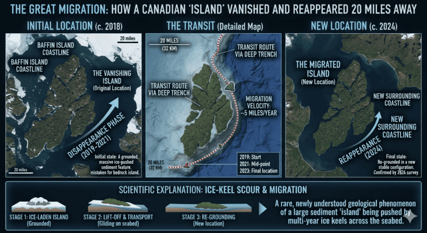 Satellite images show how Canadian 'island' vanished before turning up 20 miles away
