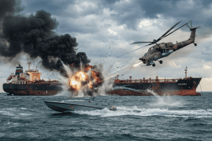 Ukrainian drone evades Russian helicopter fire to strike oil tanker