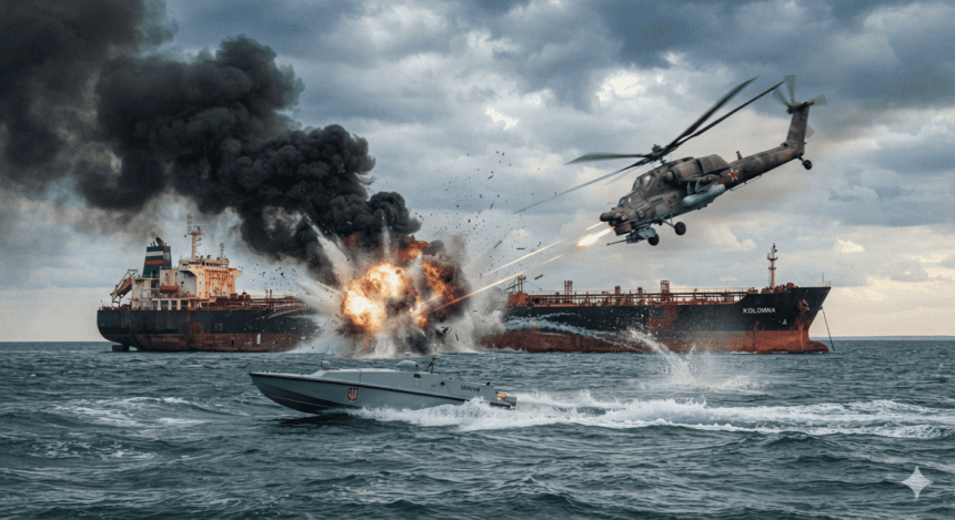 Ukrainian drone evades Russian helicopter fire to strike oil tanker