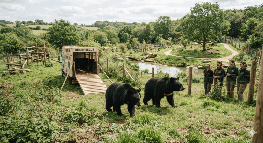 Rescued moon bears arrive at Suffolk forever home
