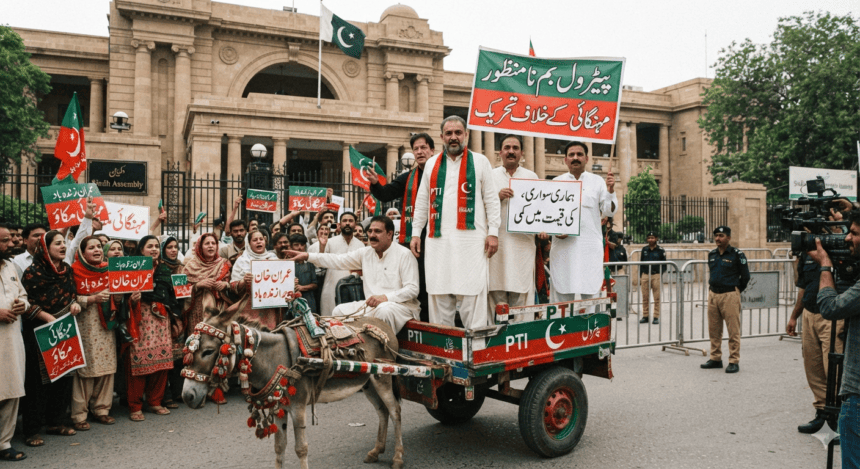 PTI lawmakers reach Sindh Assembly on donkey cart to protest petrol price hike