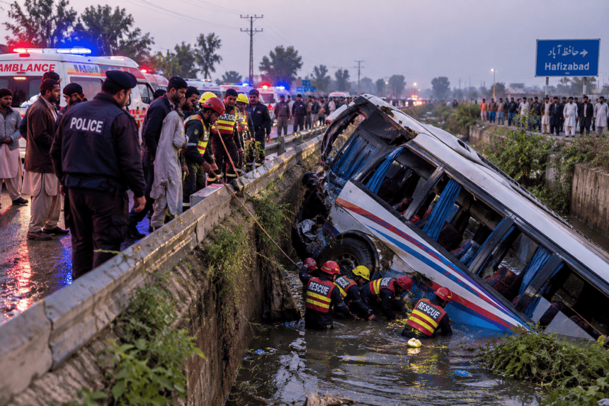 Five killed, more than 27 injured as bus plunges into drain in Hafizabad